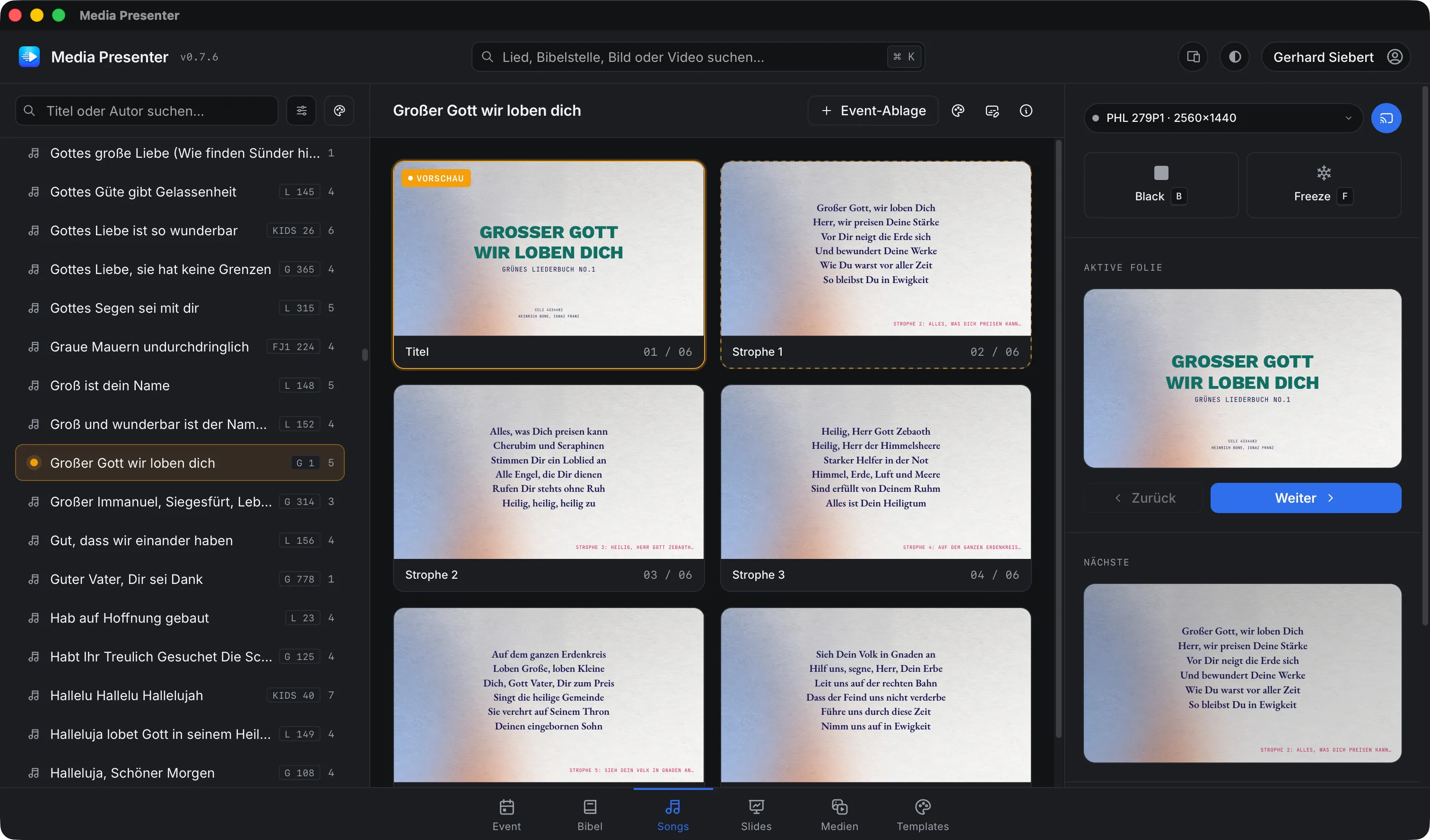 Media Presenter Desktop-App: der Song „Großer Gott wir loben dich“ mit Folienübersicht, Mediathek und Live-Vorschau.