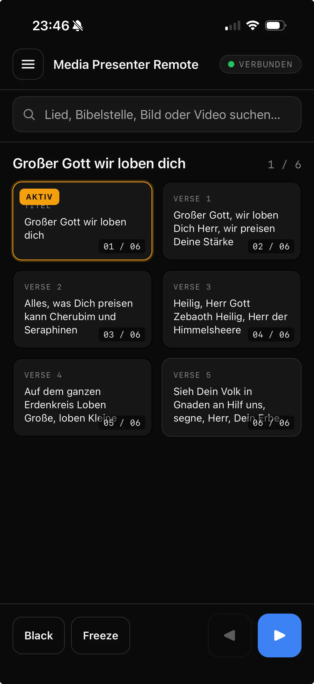 Media Presenter Remote auf dem iPhone: verbunden, mit aktueller und nächster Folie.